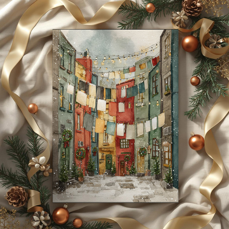 European Christmas Laundry Street – Watercolor Winter Laundry Room Decor Canvas Wall Art