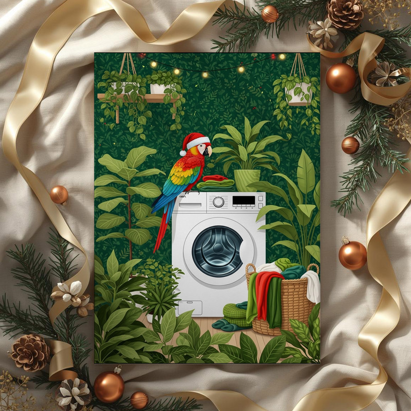 Festive Christmas Parrot – Lush Greenery Laundry Room Decor Canvas Wall Art