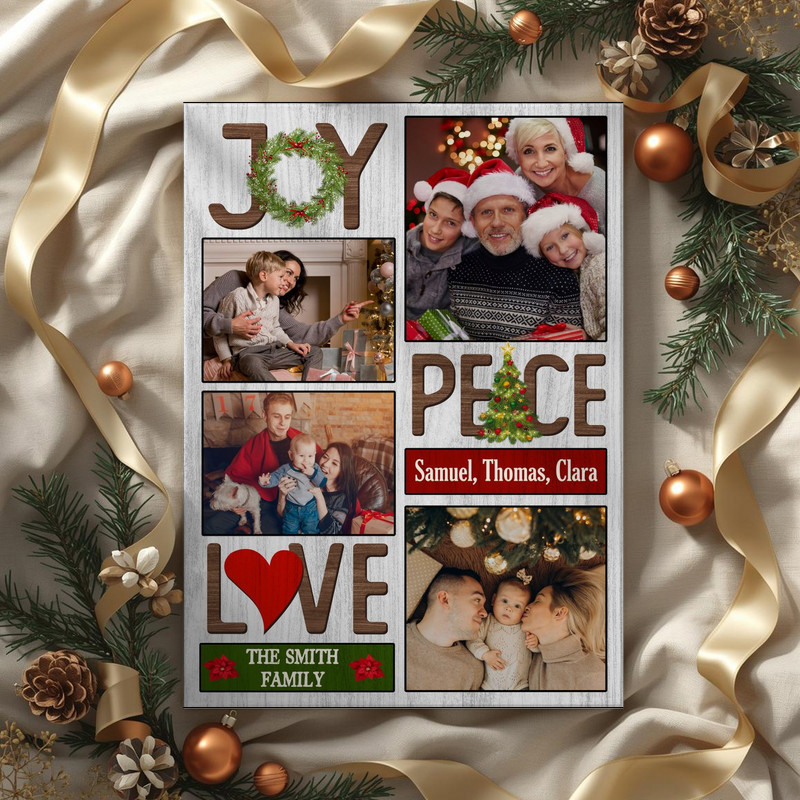 Joy Love Peace personalized Christmas photo collage canvas, horizontal farmhouse sign style, add names and date for entryway