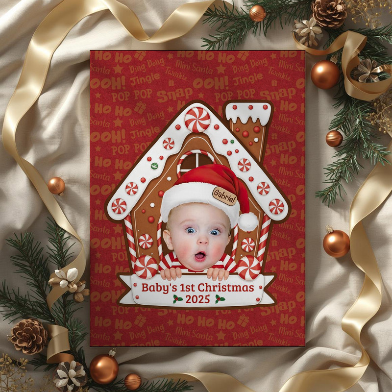 Baby’s First Christmas canvas wall art, gingerbread house illustration, custom face and name, gift for new grandparents