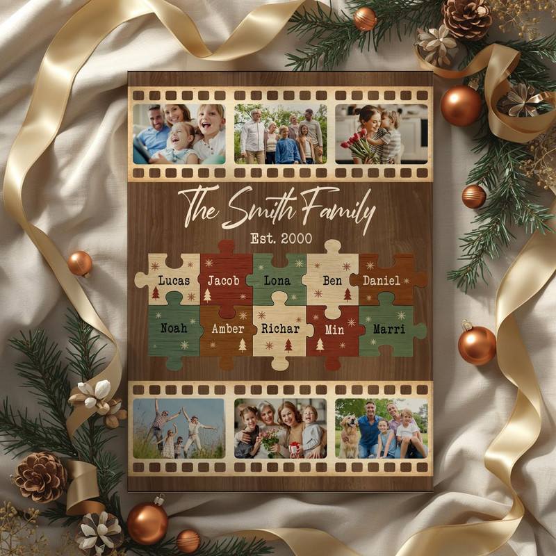 Personalized Family Puzzle Pieces Canvas - Custom Family Christmas Photo Collage Gift