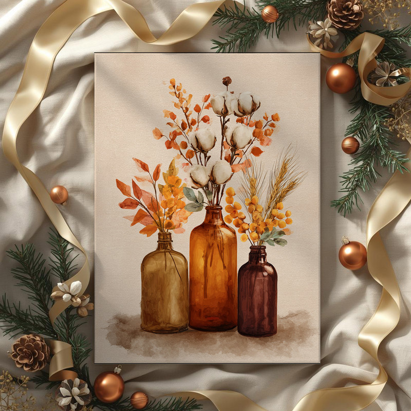 Thanksgiving Watercolor Amber Bottles – Fall Floral Laundry Room Decor Canvas Wall Art
