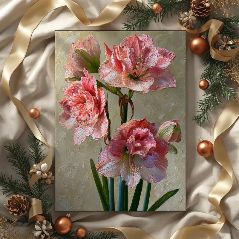 Vintage Botanical Amaryllis, Pink & Coral Illustration Canvas Wall Art