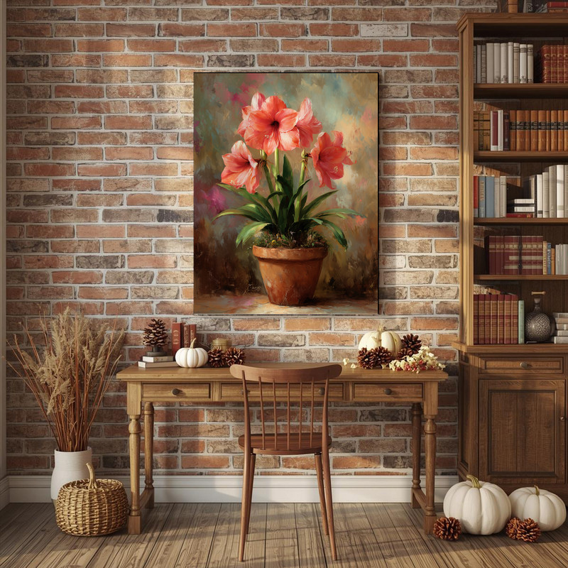 Amaryllis In Terracotta Pot, Rustic Oil Painting Canvas Wall Art