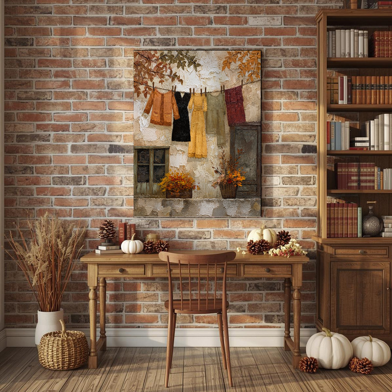 Autumn Clothesline – Rustic Thanksgiving Laundry Room Decor Canvas Wall Art