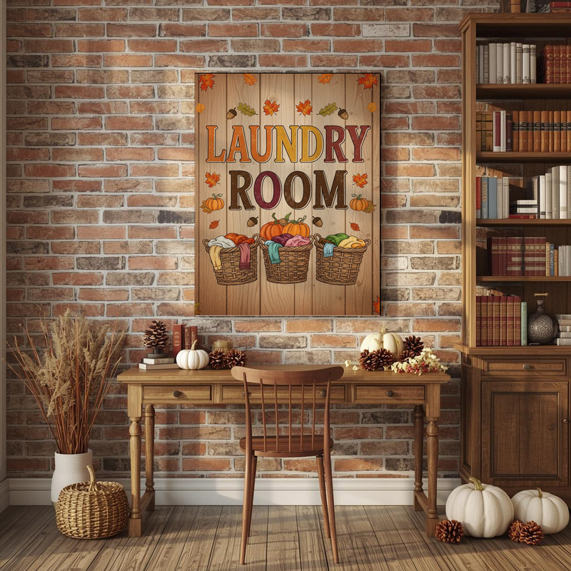 Autumn Harvest Laundry Room – Rustic Baskets, Pumpkins & Leaves, Farmhouse Laundry Room Decor Canvas Wall Art