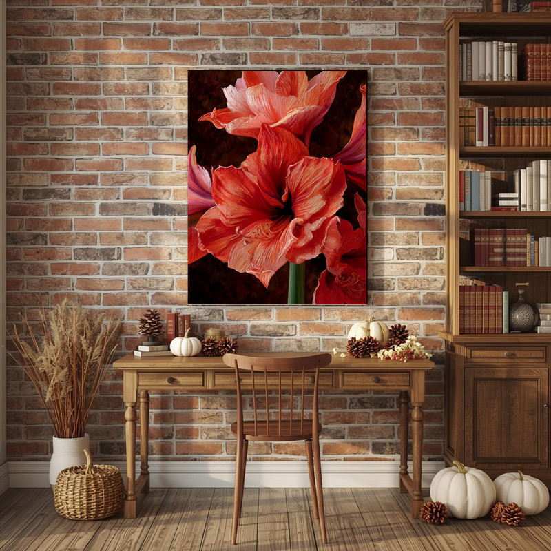 Coral Amaryllis Bloom, Dramatic Oil Painting Canvas Wall Art