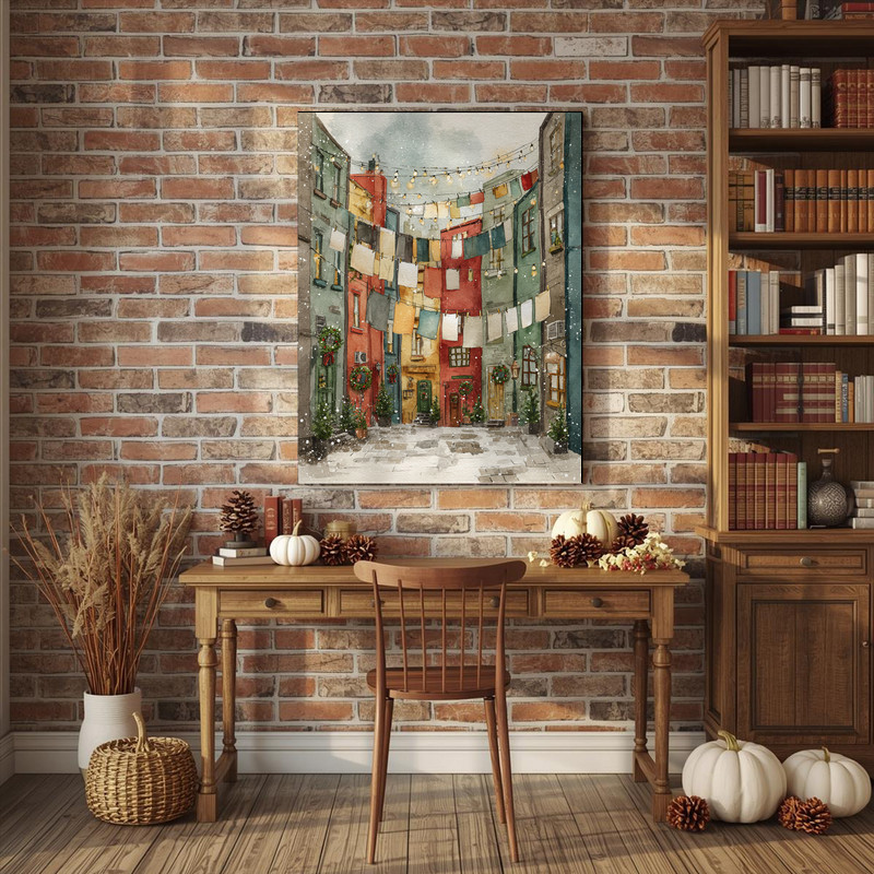 European Christmas Laundry Street – Watercolor Winter Laundry Room Decor Canvas Wall Art