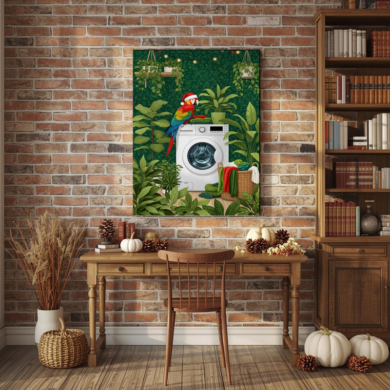 Festive Christmas Parrot – Lush Greenery Laundry Room Decor Canvas Wall Art