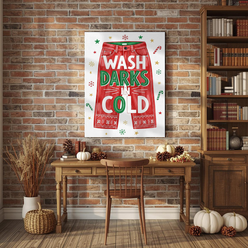 Festive Laundry Reminder – Wash Darks In Cold, Christmas Laundry Room Decor Canvas Wall Art