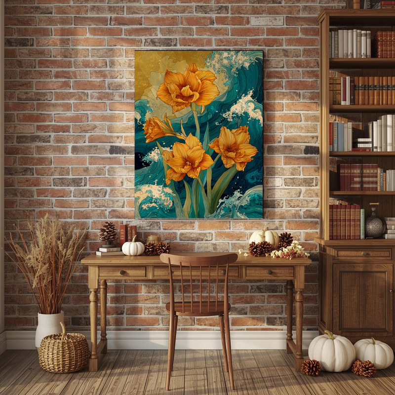 Golden Sky Amaryllis, Dynamic Wave-Inspired Canvas Wall Art