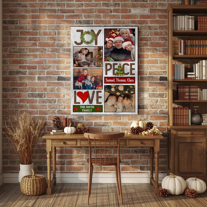 Joy Love Peace Christmas photo collage canvas, cozy farmhouse decor with pine and berry greenery, custom photos over mantel