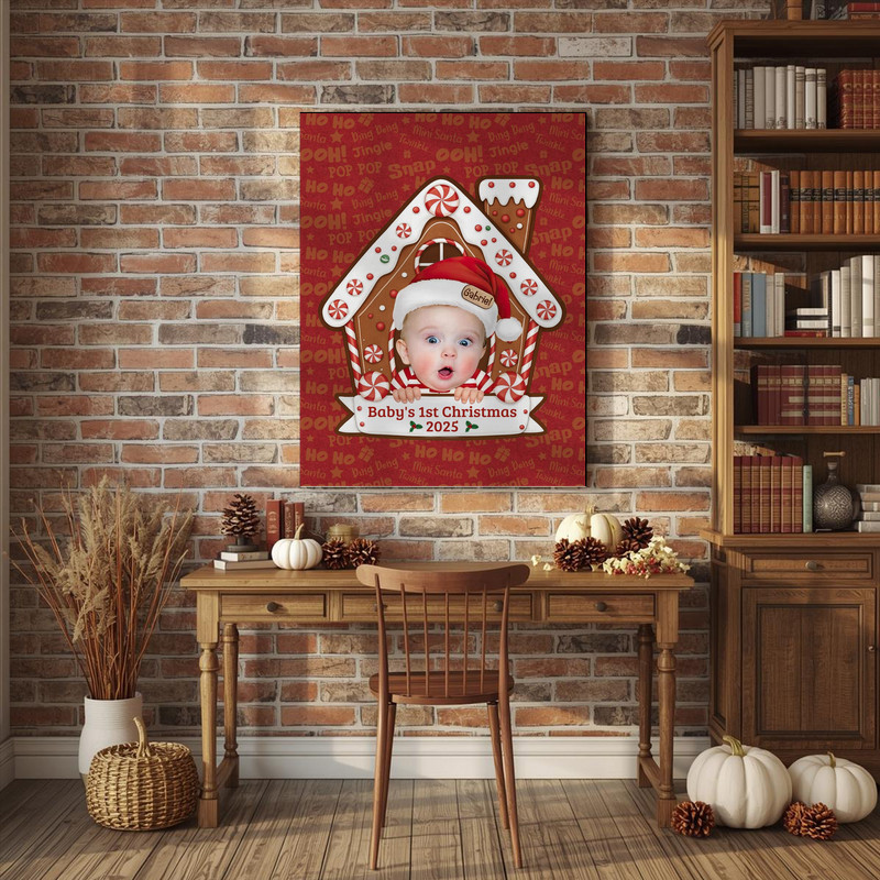 Baby’s First Christmas canvas wall art, gingerbread house print, personalized with baby name and face photo, nursery decor