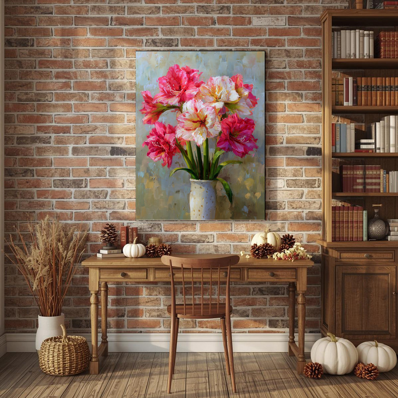 Pink & Cream Amaryllis, Fine Art Oil Painting Canvas Wall Art