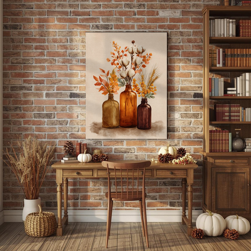 Thanksgiving Watercolor Amber Bottles – Fall Floral Laundry Room Decor Canvas Wall Art