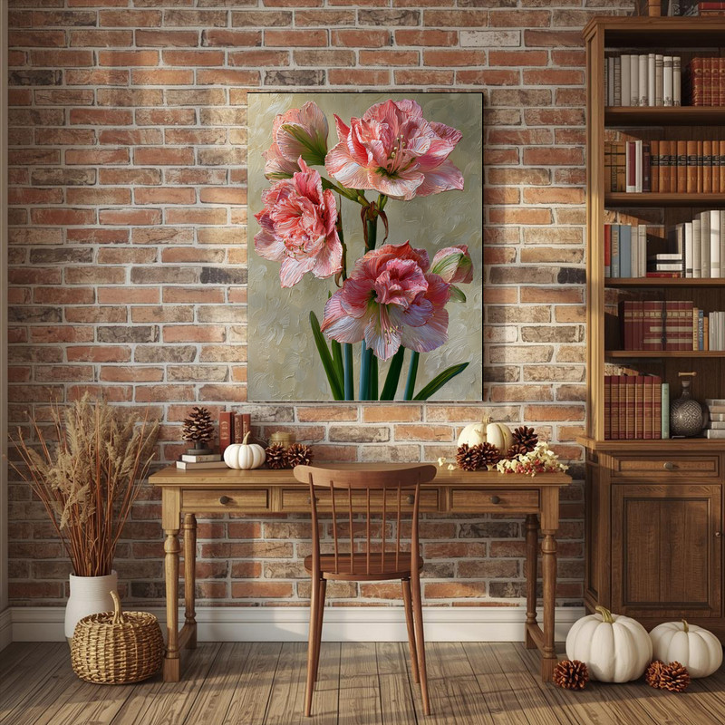 Vintage Botanical Amaryllis, Pink & Coral Illustration Canvas Wall Art