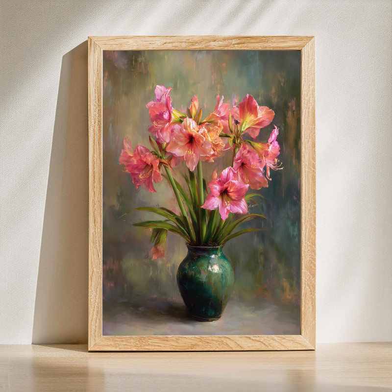 Amaryllis Bouquet In Vase, Realistic Oil Painting Canvas Wall Art | Family Wall Decor