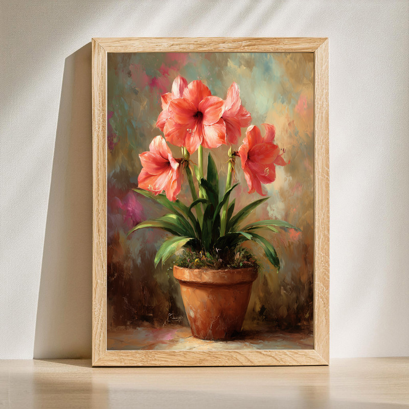 Amaryllis In Terracotta Pot, Rustic Oil Painting Canvas Wall Art | Family Wall Decor