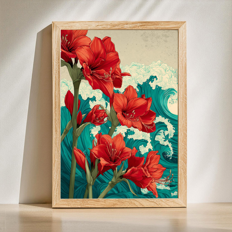 Amaryllis & Ocean Waves, Japanese-Inspired Floral Art Canvas Wall Art | Family Wall Decor
