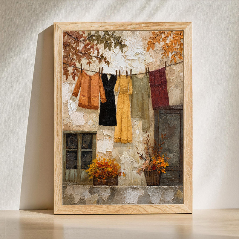 Autumn Clothesline – Rustic Thanksgiving Laundry Room Decor Canvas Wall Art