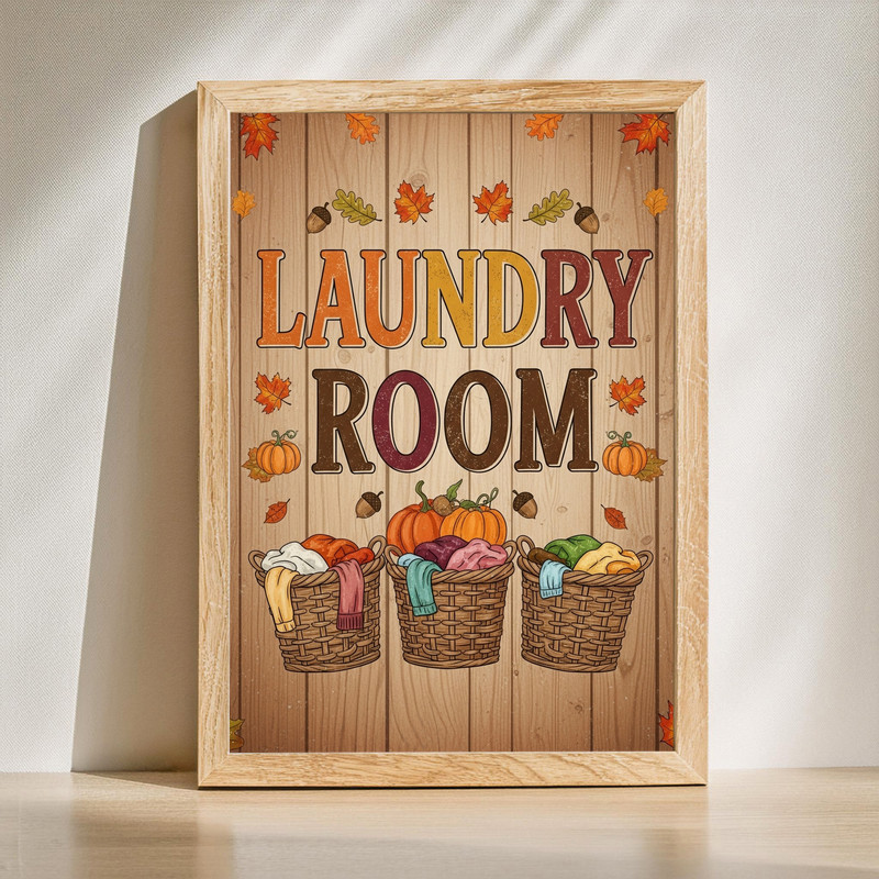 Autumn Harvest Laundry Room – Rustic Baskets, Pumpkins & Leaves, Farmhouse Laundry Room Decor Canvas Wall Art | Family Wall Decor