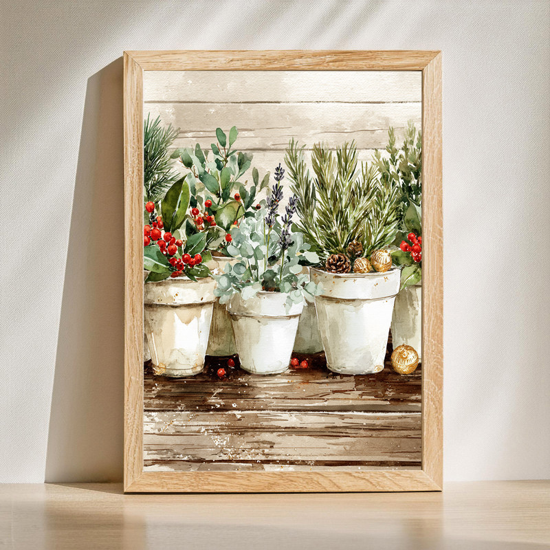Christmas botanical pots canvas wall art featuring holly and pine, landscape print for festive laundry room holiday decor | Familywalldecor