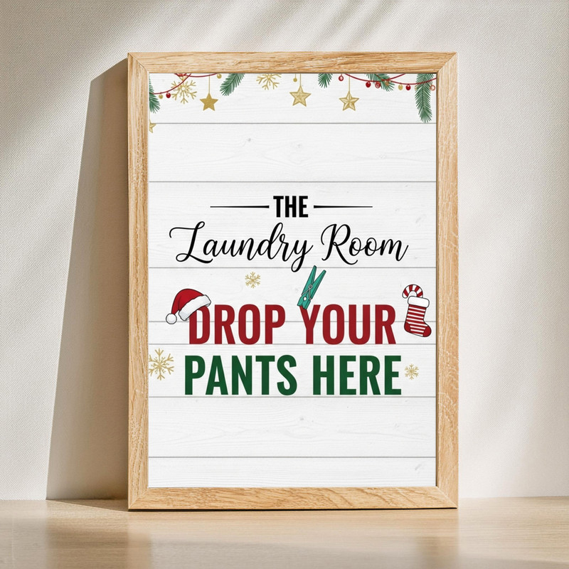 Christmas canvas wall art sign for laundry room, Drop Your Pants Here on rustic wood with red and green lettering, horizontal | Familywalldecor