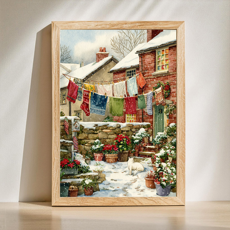 Christmas wash day watercolor canvas wall art featuring a rustic countryside laundry scene, holiday decor for laundry room | Familywalldecor
