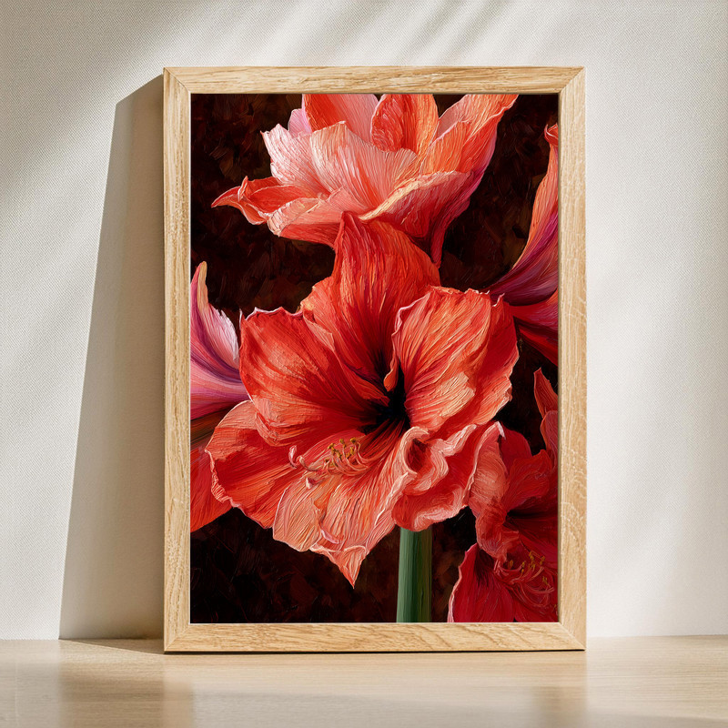 Coral Amaryllis Bloom, Dramatic Oil Painting Canvas Wall Art | Family Wall Decor