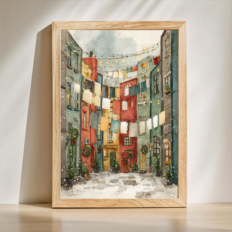 European Christmas Laundry Street – Watercolor Winter Laundry Room Decor Canvas Wall Art | Family Wall Decor