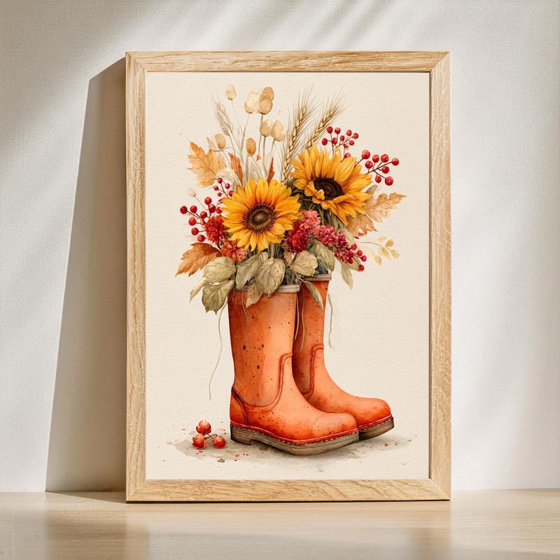 Fall Floral Boots – Thanksgiving Watercolor Laundry Room Decor Canvas Wall Art | Family Wall Decor