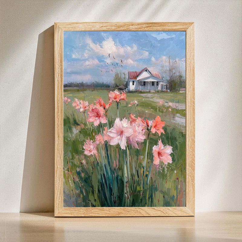 Farmhouse Morning With Amaryllis, Impressionist Oil Painting Canvas Wall Art | Family Wall Decor