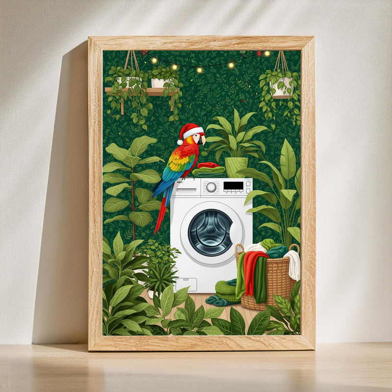 Festive Christmas Parrot – Lush Greenery Laundry Room Decor Canvas Wall Art | Family Wall Decor