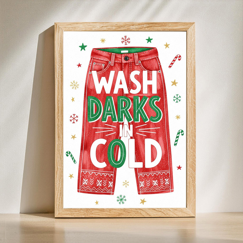Festive Laundry Reminder – Wash Darks In Cold, Christmas Laundry Room Decor Canvas Wall Art | Family Wall Decor