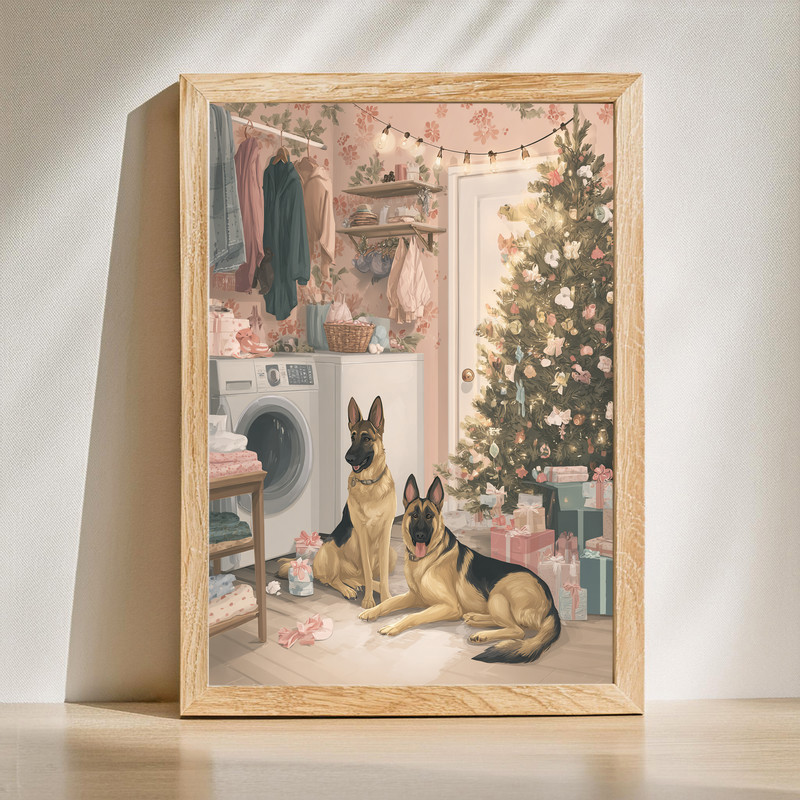 Christmas laundry room canvas wall art with elves hanging stockings on a clothesline, red and green accents for laundry decor | Familywalldecor