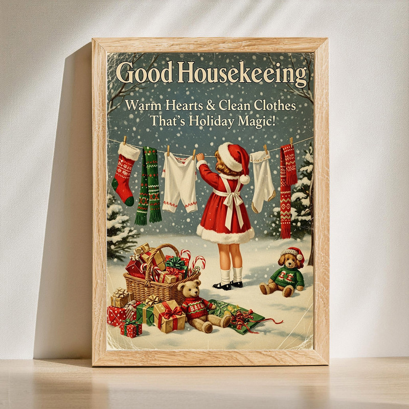 Vintage Christmas wash day canvas wall art with retro laundry motifs for holiday laundry room decor, farmhouse style | Familywalldecor