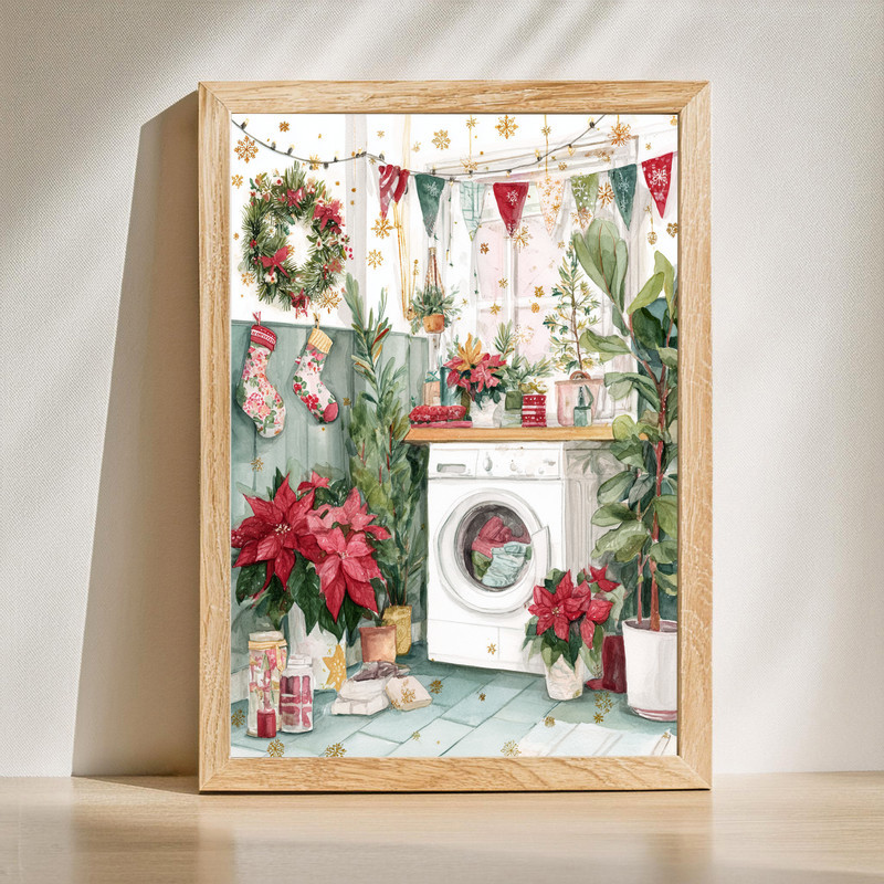 Holiday laundry room canvas wall art with a cozy watercolor Christmas scene, festive holiday accent for laundry room decor | Familywalldecor