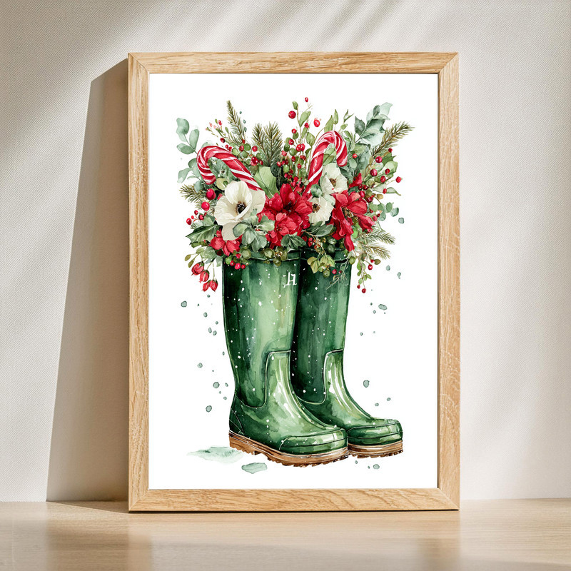 Festive holiday room decor canvas wall art with rain boots in a cozy seasonal vignette for winter homes | Familywalldecor