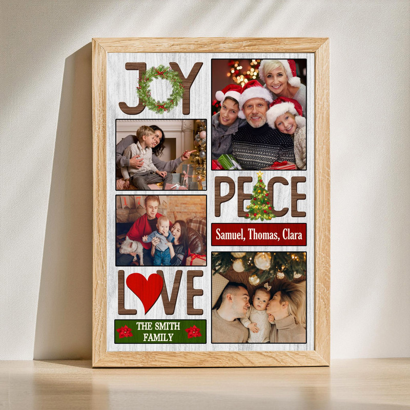 Joy Love Peace personalized Christmas photo collage canvas, rustic farmhouse shiplap wood background with custom photos | Family Wall Decor