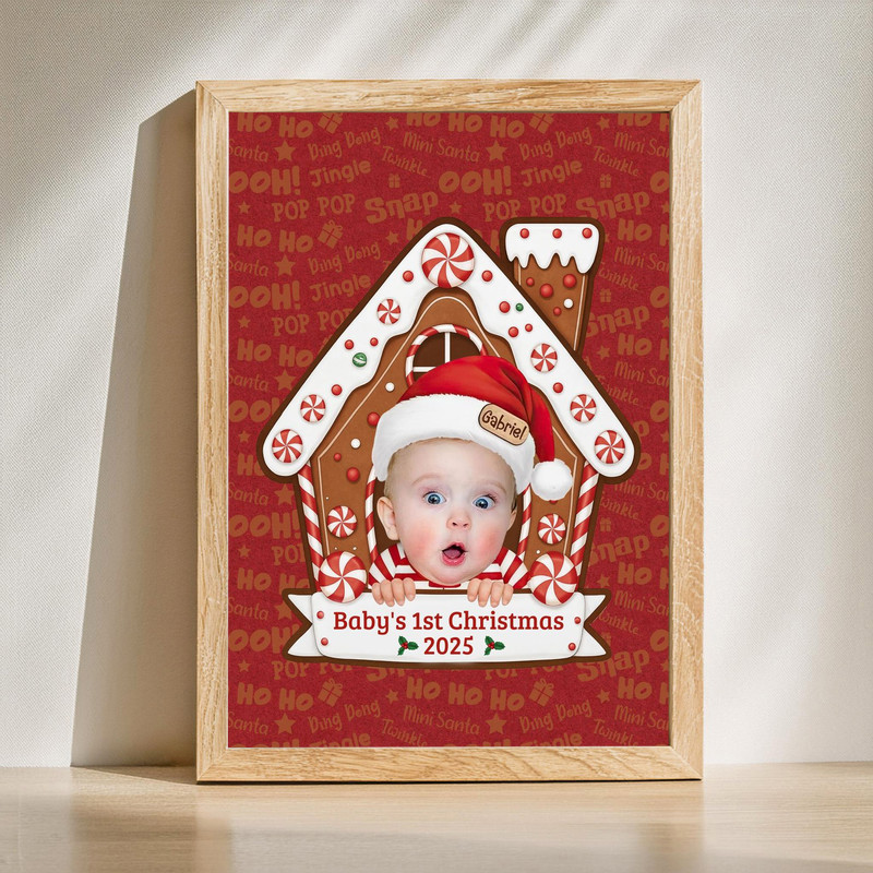 Baby’s First Christmas canvas wall art, gingerbread house theme with custom baby face and name, keepsake holiday gift | Family Wall Decor