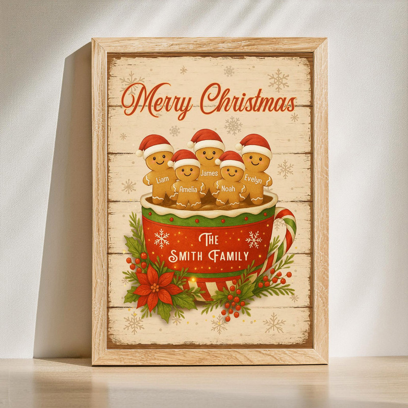 Gingerbread family cup Christmas canvas wall art featuring custom family name on cocoa mug, charming holiday keepsake for home decor | Familywalldecor