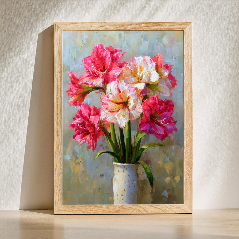 Pink & Cream Amaryllis, Fine Art Oil Painting Canvas Wall Art | Family Wall Decor