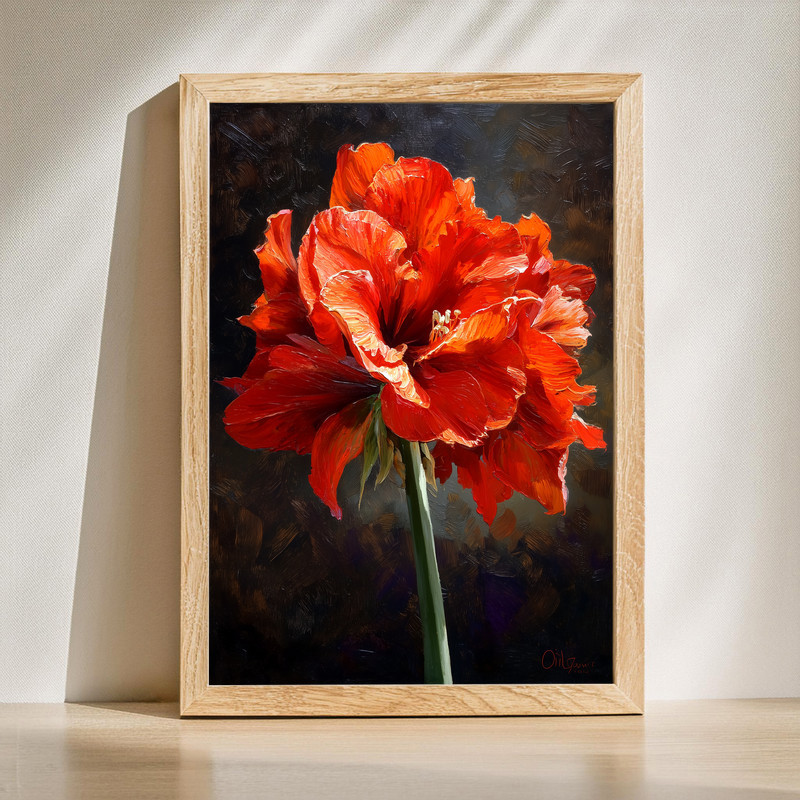 Single Amaryllis Portrait, Artistic Oil Painting Canvas Wall Art | Family Wall Decor