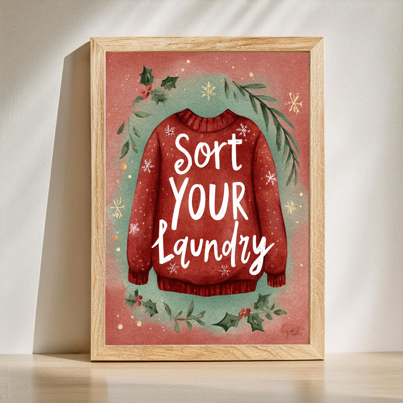Holiday cheer Christmas laundry room canvas wall art with "Sort Your Laundry" rules, red and green accents, landscape | Familywalldecor