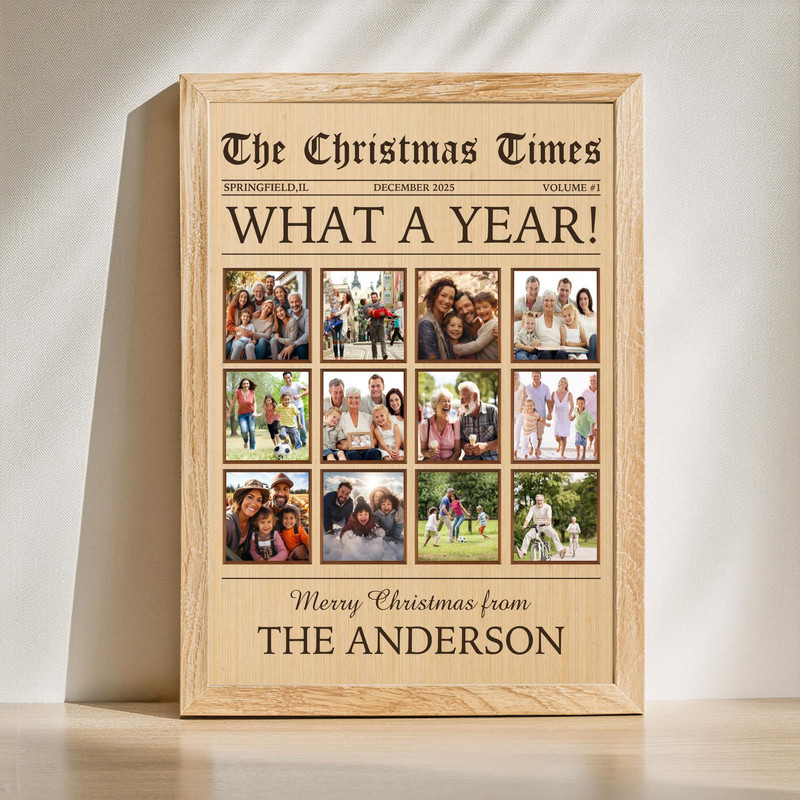 Christmas canvas wall art - personalized newspaper-style family photo collage with What a Year headline, custom names and year | Family Wall Decor