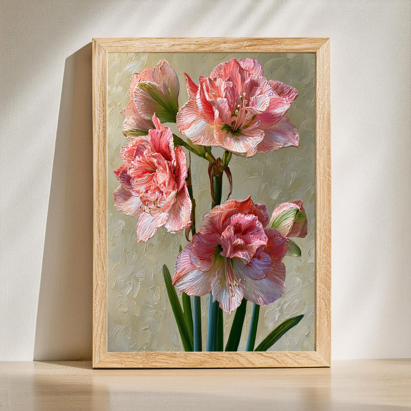 Vintage Botanical Amaryllis, Pink & Coral Illustration Canvas Wall Art | Family Wall Decor