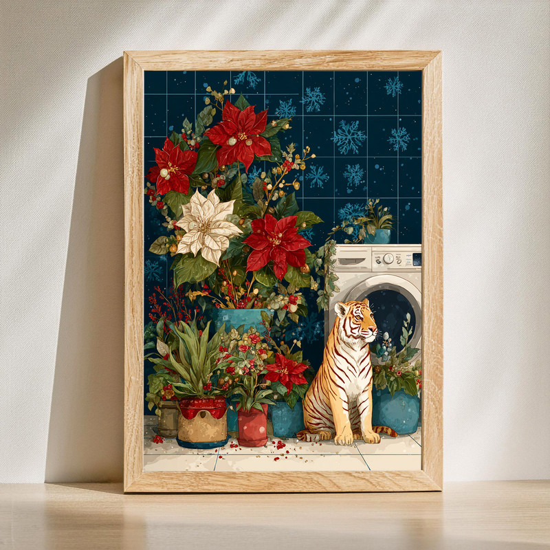 Whimsical Christmas Tiger – Christmas Laundry Room Decor Canvas Wall Art | Family Wall Decor