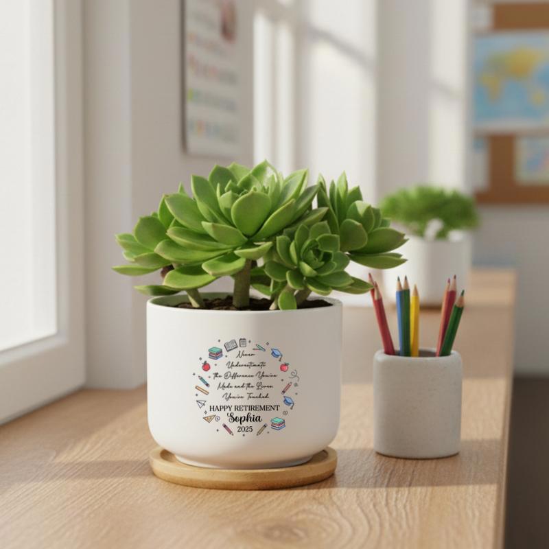 Personalized Retirement Teacher With School Vibe Ceramic Plant Pot - teacherstshirts.com