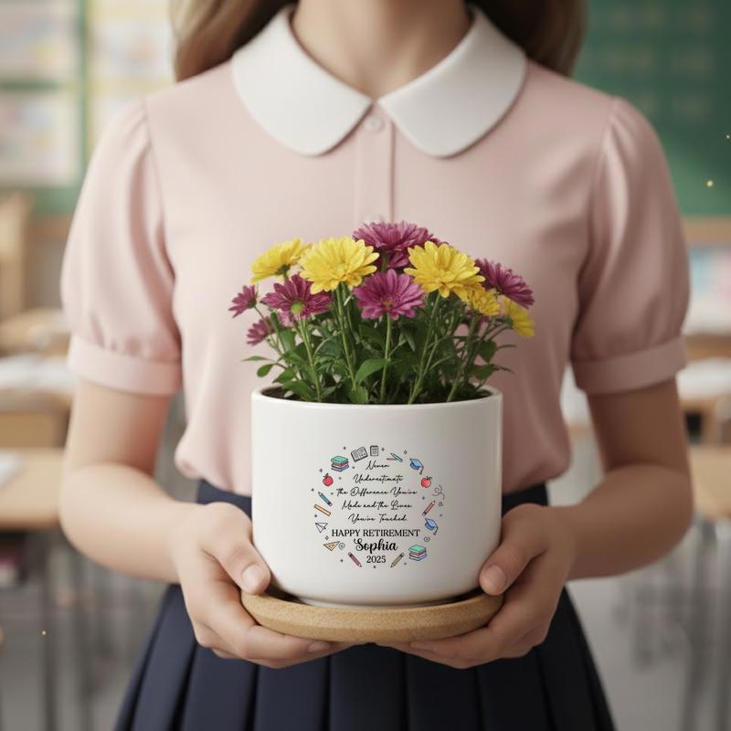 Personalized Retirement Teacher With School Vibe Ceramic Plant Pot Personalized Retirement Teacher With School Vibe Ceramic Plant Pot