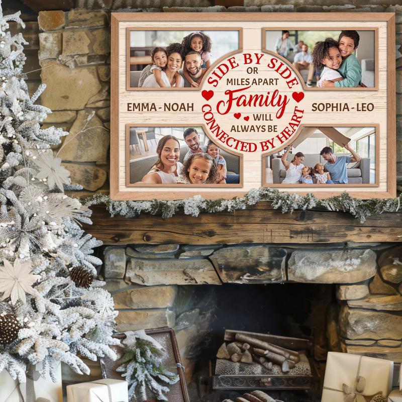 Long-distance family Christmas photo collage canvas, personalized with names and locations; festive red background, landscape.